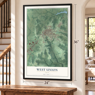 West Union, Ohio map, 24 x 36 inch print in a black frame by a staircase