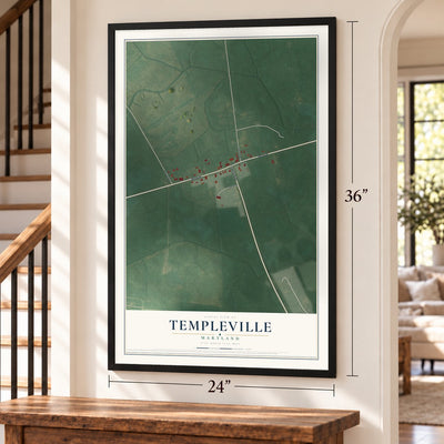 Templeville, Maryland map, 24 x 36 inch print in a black frame by a staircase