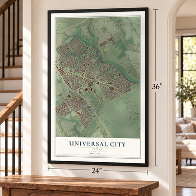 Universal City, Texas map, 24 x 36 inch print in a black frame by a staircase