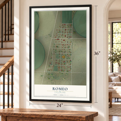 Romeo, Colorado map, 24 x 36 inch print in a black frame by a staircase