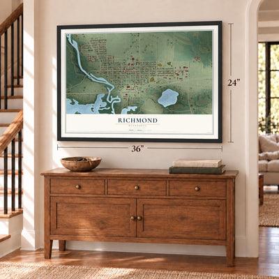 Richmond, Minnesota map, 24 x 36 inch print in a black frame above a dresser by a staircase