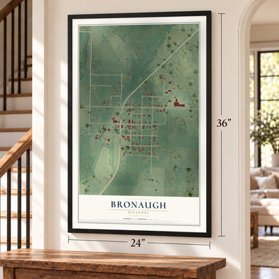 Bronaugh, Missouri map, 24 x 36 inch print in a black frame by a staircase