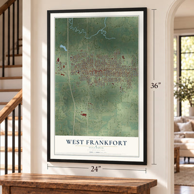 West Frankfort, Illinois map, 24 x 36 inch print in a black frame by a staircase