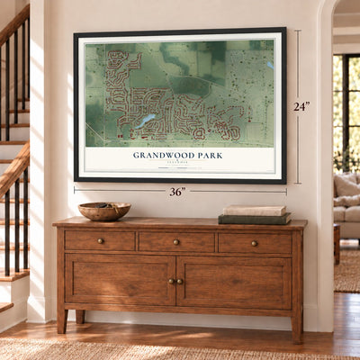 Grandwood Park, Illinois map, 24 x 36 inch print in a black frame above a dresser by a staircase