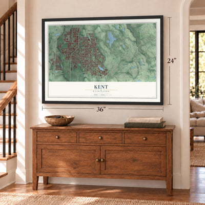 Kent, Washington map, 24 x 36 inch print in a black frame above a dresser by a staircase