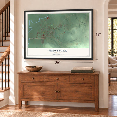 Frewsburg, New York map, 24 x 36 inch print in a black frame above a dresser by a staircase