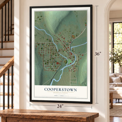 Cooperstown, Pennsylvania map, 24 x 36 inch print in a black frame by a staircase