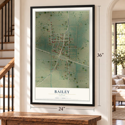 Bailey, Texas map, 24 x 36 inch print in a black frame by a staircase