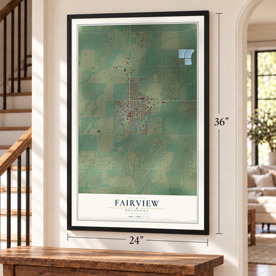 Fairview, Oklahoma map, 24 x 36 inch print in a black frame by a staircase