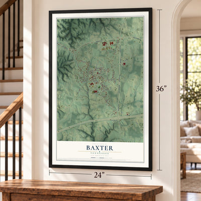 Baxter, Tennessee map, 24 x 36 inch print in a black frame by a staircase
