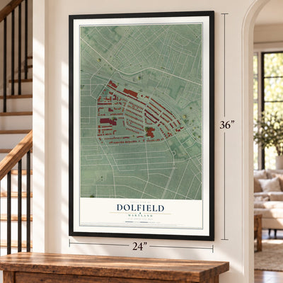 Dolfield, Maryland map, 24 x 36 inch print in a black frame by a staircase