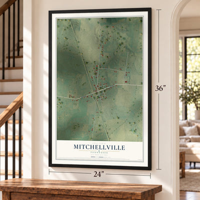 Mitchellville, Tennessee map, 24 x 36 inch print in a black frame by a staircase