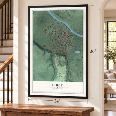 Libby, Montana map, 24 x 36 inch print in a black frame by a staircase
