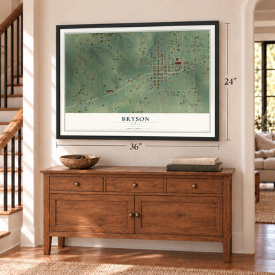 Bryson, Texas map, 24 x 36 inch print in a black frame above a dresser by a staircase