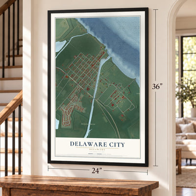 Delaware City, Delaware map, 24 x 36 inch print in a black frame by a staircase