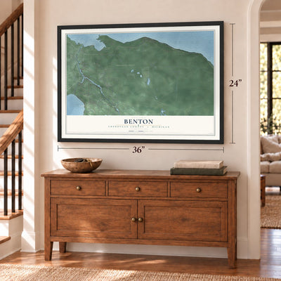 Benton, Cheboygan County, Michigan map, 24 x 36 inch print in a black frame above a dresser by a staircase