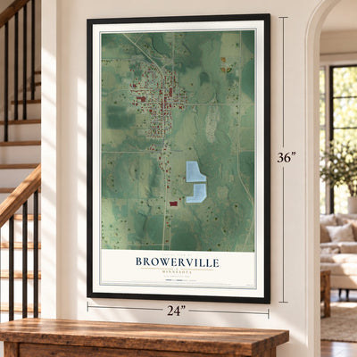 Browerville, Minnesota map, 24 x 36 inch print in a black frame by a staircase