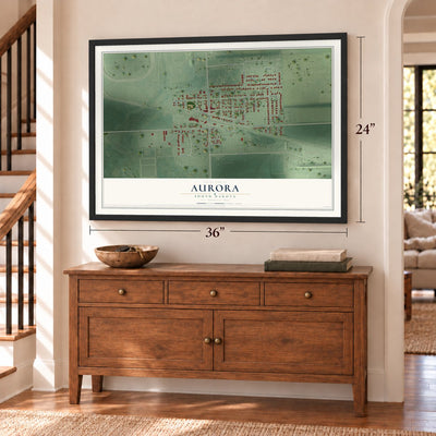 Aurora, South Dakota map, 24 x 36 inch print in a black frame above a dresser by a staircase