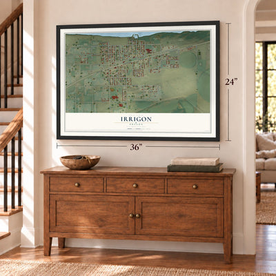 Irrigon, Oregon map, 24 x 36 inch print in a black frame above a dresser by a staircase