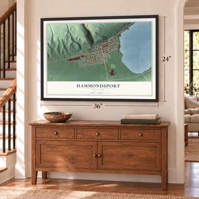 Hammondsport, New York map, 24 x 36 inch print in a black frame above a dresser by a staircase