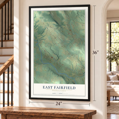 East Fairfield, Pennsylvania map, 24 x 36 inch print in a black frame by a staircase