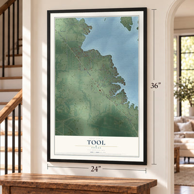 Tool, Texas map, 24 x 36 inch print in a black frame by a staircase