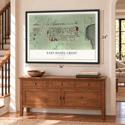 East Hazel Crest, Illinois map, 24 x 36 inch print in a black frame above a dresser by a staircase