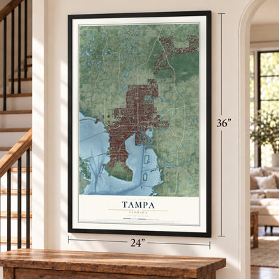 Tampa, Florida map, 24 x 36 inch print in a black frame by a staircase