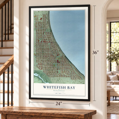 Whitefish Bay, Wisconsin map, 24 x 36 inch print in a black frame by a staircase