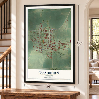 Washburn, Illinois map, 24 x 36 inch print in a black frame by a staircase