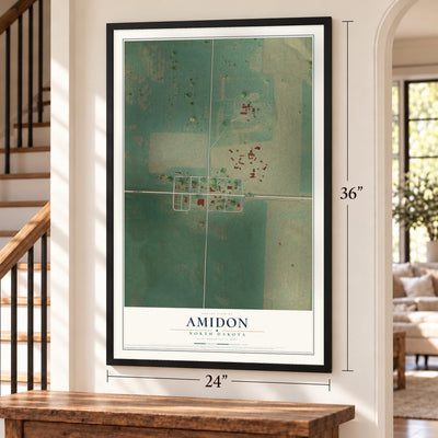 Amidon, North Dakota map, 24 x 36 inch print in a black frame by a staircase