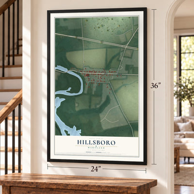 Hillsboro, Maryland map, 24 x 36 inch print in a black frame by a staircase