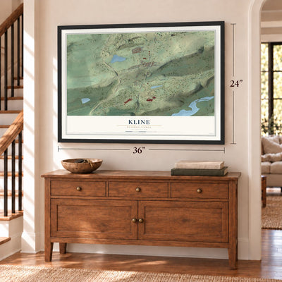 Kline, Pennsylvania map, 24 x 36 inch print in a black frame above a dresser by a staircase