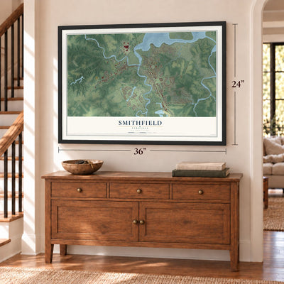 Smithfield, Virginia map, 24 x 36 inch print in a black frame above a dresser by a staircase