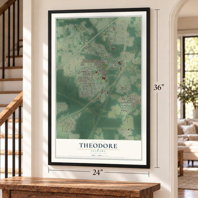Theodore, Alabama map, 24 x 36 inch print in a black frame by a staircase