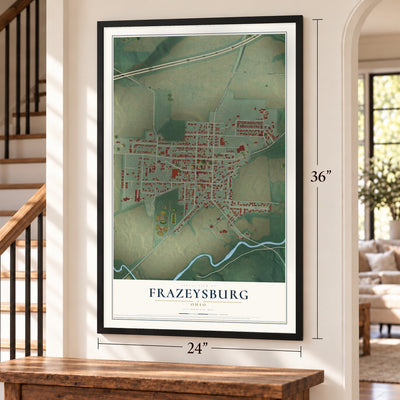 Frazeysburg, Ohio map, 24 x 36 inch print in a black frame by a staircase