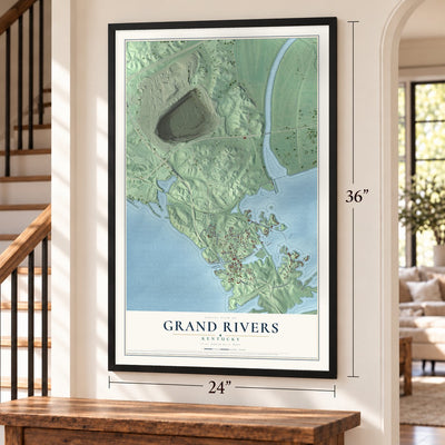 Grand Rivers, Kentucky map, 24 x 36 inch print in a black frame by a staircase