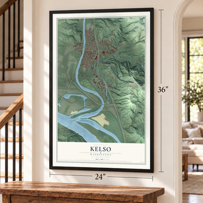 Kelso, Washington map, 24 x 36 inch print in a black frame by a staircase