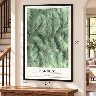 Harmony, Susquehanna County, Pennsylvania map, 24 x 36 inch print in a black frame by a staircase