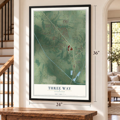 Three Way, Tennessee map, 24 x 36 inch print in a black frame by a staircase