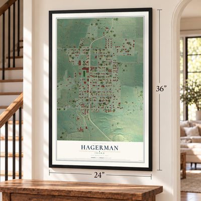 Hagerman, Idaho map, 24 x 36 inch print in a black frame by a staircase