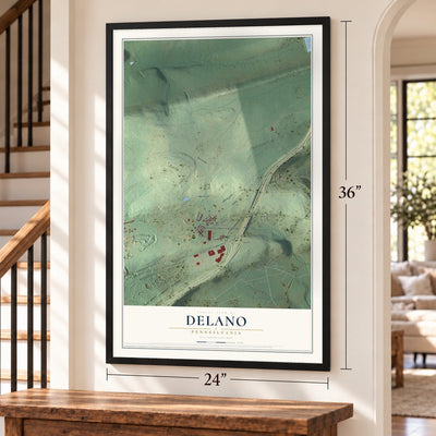 Delano, Pennsylvania map, 24 x 36 inch print in a black frame by a staircase