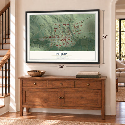 Philip, South Dakota map, 24 x 36 inch print in a black frame above a dresser by a staircase