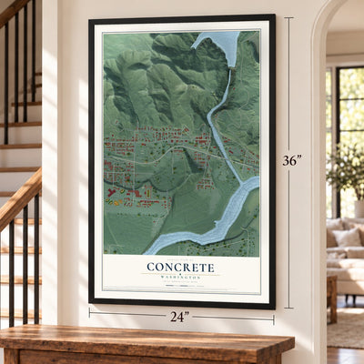 Concrete, Washington map, 24 x 36 inch print in a black frame by a staircase
