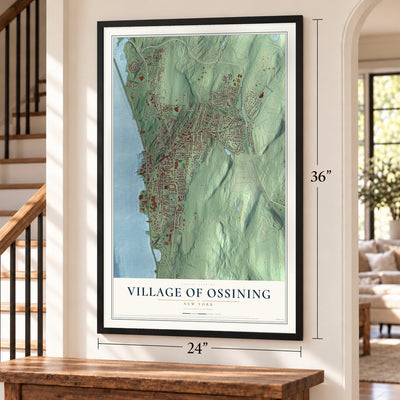 Village of Ossining, New York map, 24 x 36 inch print in a black frame by a staircase