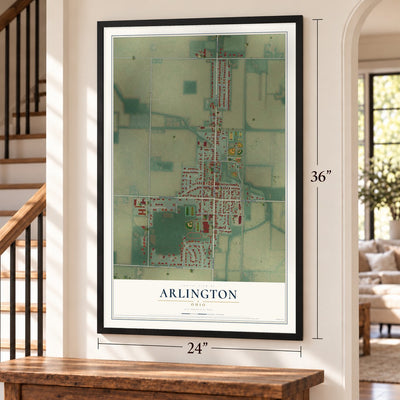 Arlington, Ohio map, 24 x 36 inch print in a black frame by a staircase