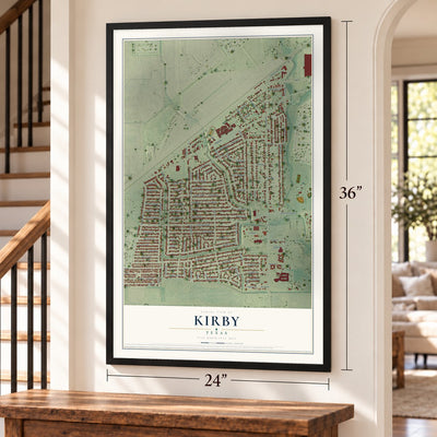 Kirby, Texas map, 24 x 36 inch print in a black frame by a staircase