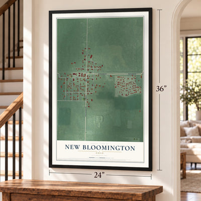New Bloomington, Ohio map, 24 x 36 inch print in a black frame by a staircase