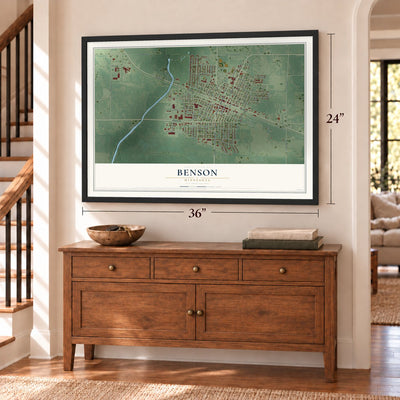 Benson, Minnesota map, 24 x 36 inch print in a black frame above a dresser by a staircase