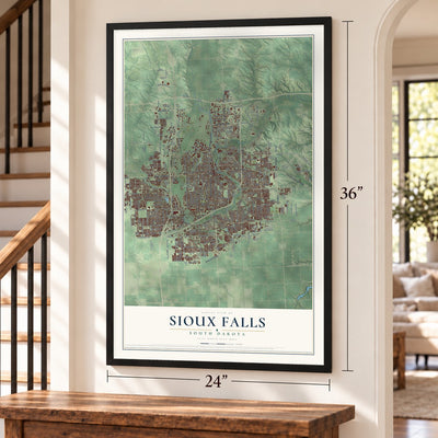 Sioux Falls, South Dakota map, 24 x 36 inch print in a black frame by a staircase